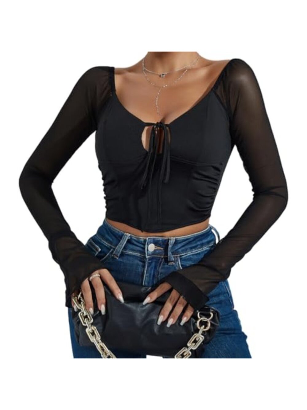 Women's Sheer Mesh Long Sleeve Bustier Top Floral Print Rhinestone Cut Out Lace